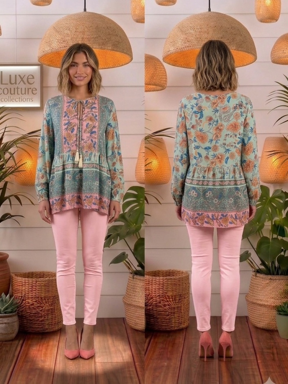 Bohemian Floral Tie-Front Peasant Blouse in Pink and Green